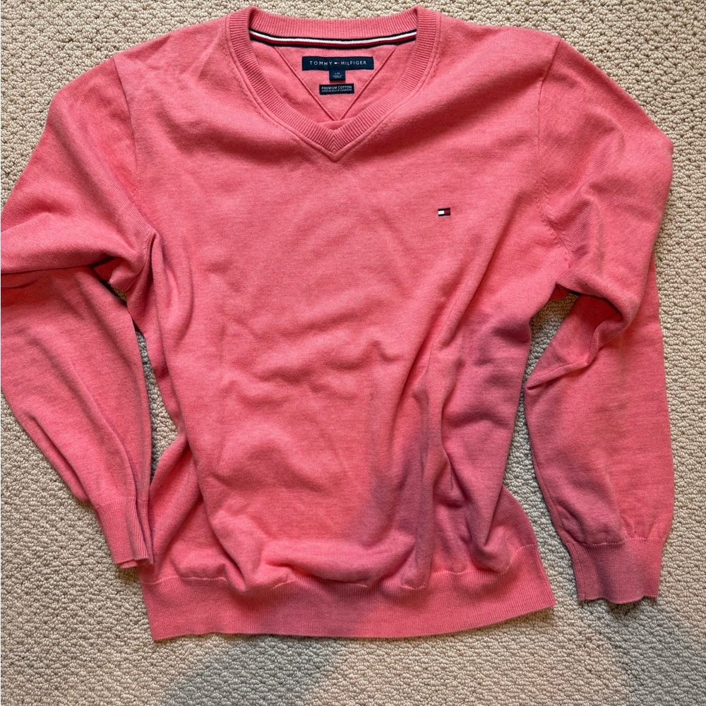 Tommy Hilfiger Men's 100% Cotton Coral V Neck Sweater